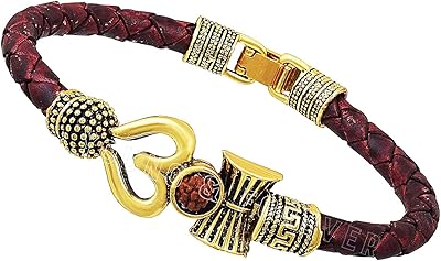 Aastha creations trishul damru om rudraksha bracelet mahakal shiva en cuir véritable plaqué