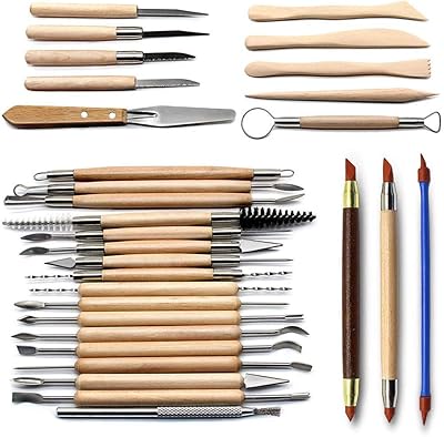 Ensemble d'outils de sculpture de poterie avec manche en bois de 30 pièces