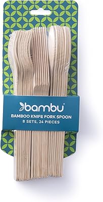 Ensemble couteau/fourchette/cuillère en bambou 24 pièces, marron naturel