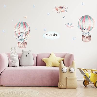 Stickers muraux montgolfière eau animaux avion nuage autocollant mural peler et coller enfants