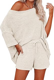 Ensemble pyjama deux pièces décontracté pour femme comprenant un pull tricoté à épaules