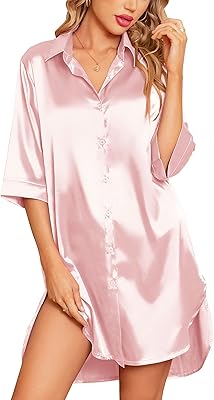 Chemise de nuit en soie pour femmes, manches 3/4, chemise de nuit boutonnée
