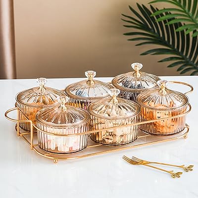 Plateau de service pour noix et bonbons, lot de 6, plateau de rangement avec couvercle et étagère plaquée or, assiette à collation pour fête à la maison, plateau de service lumineux en acrylique de luxe pour la décoration de la maison (lot de 6). Diaytar : Connectez-vous aux meilleures offres