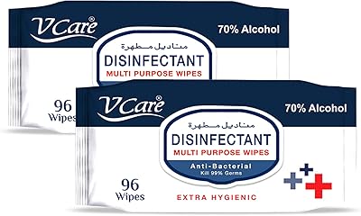 Lingettes désinfectantes antibactériennes multi-usages vcare - 96 lingettes | tue 99,9% des germes