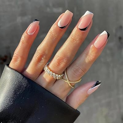 Faux ongles français à pression, faux ongles carrés courts noirs et blancs, faux