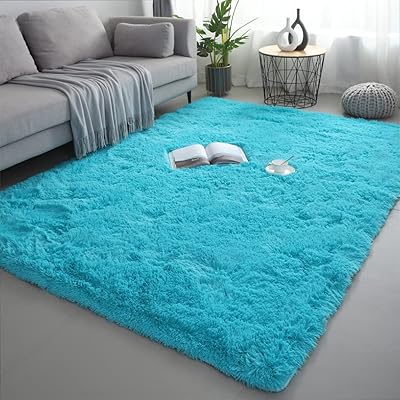 Tapis à poils longs moelleux 3 x 5 bleu sarcelle pour chambre à