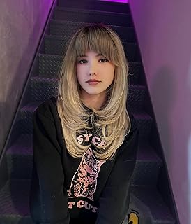 Perruque synthétique droite naturelle lanova de couleur marron dégradé avec frange blonde miel