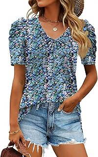 Chemisier d'été pour femme, col en v, manches courtes bouffantes, t-shirt ample plissé. Diaytar : Votre allié pouvoir d'achat au quotidien