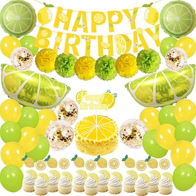 Bannière de joyeux anniversaire au citron, ballons de limonade, éventails en papier