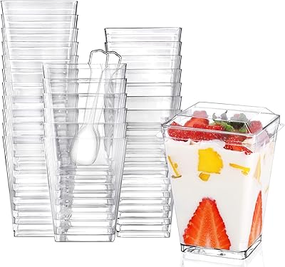 Gobelets à dessert en plastique avec couvercles et cuillères en plastique, paquet