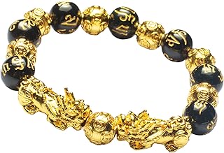 Homelavie feng shui 12 mm bracelet de perles d'obsidienne noire/mantra avec double doré