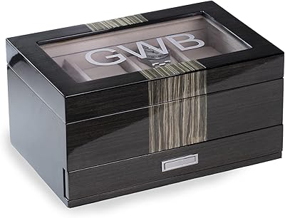 Boîte à montres 8" laquée bey berk\"wenge\" avec dessus en verre, tiroir