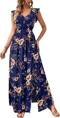 Robe longue à imprimé floral pour femme, col en v, manches papillon, ourlet