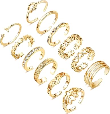 12 pièces plaqué or 14 carats pour femmes, anneaux d'orteil réglables à fleurs