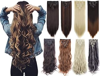 7 extensions de cheveux à clips double trame ondulés, bouclés et raides