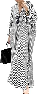 Robe longue décontractée rayée en coton boutonnée à manches longues okoko pour femme
