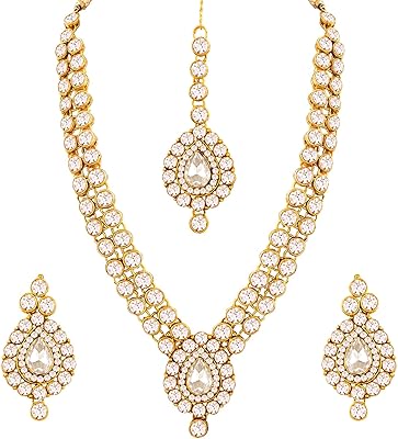 Aheli ethnique tenue de fête de mariage ton or faux pierre clouté collier