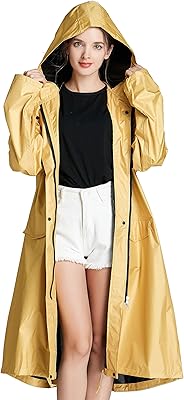 Imperméable long imperméable pour femme avec fermeture éclair, capuche et poches pour l'extérieur
