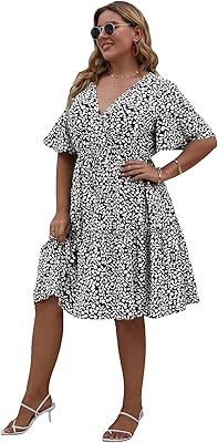 Georglitter robe d'été pour femme, grande taille, imprimé floral, ourlet à volants, col