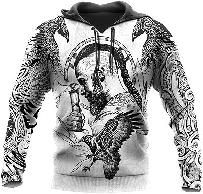 Sweat à capuche viking imprimé 3d mythologie nordique valhalla, pull à manches longues