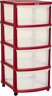 Armoire de rangement polyvalente à 4 niveaux avec roulettes cosmoplast - rouge foncé