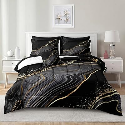 Parure de lit queen size à motif marbre noir, lit dans un sac