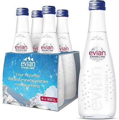 Eau minérale naturelle pétillante evian, bouteille en verre, 330 ml, paquet de 4