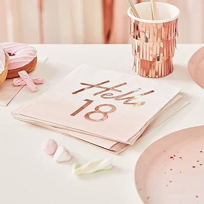 Serviettes de fête d'anniversaire en feuille d'or rose ginger ray 'hello 18', paquet