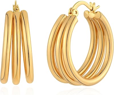 Boucles d'oreilles créoles épaisses en or pour femmes, boucles d'oreilles créoles triples plaquées