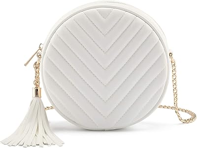 Sac bandoulière femme design rond, portefeuille matelassé, simili cuir, avec pompons