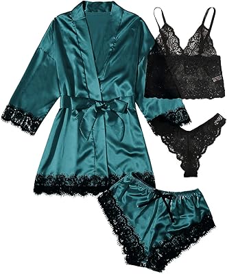 Ensemble pyjama 4 pièces en dentelle florale pour femme, vert foncé, xl