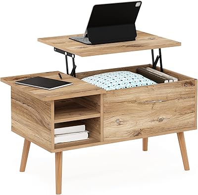 Table basse frono en bois avec pieds surélevés avec rangement caché et étagère