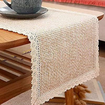 Chemin de table tassera en toile de jute crème et dentelle nappe