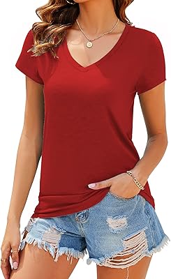 T-shirt à manches courtes et col en v pour femme, hauts décontractés unis