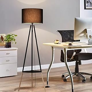 Lampadaire trépied moderne brillos avec étagère pour salon, lampe de chambre en bois