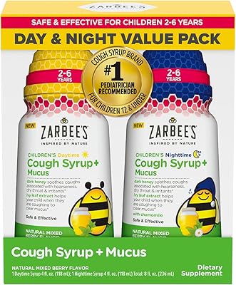 Zarbee's kids toux + mucus jour/nuit pack économique pour enfants de 2 à 6 ans avec miel noir, feuille de lierre, zinc et sureau, 1 recommandé pour les enfants, sans médicament ni alcool, saveur de baies mélangées, 2x4fl oz. Diaytar : Votre allié pouvoir d'achat au quotidien
