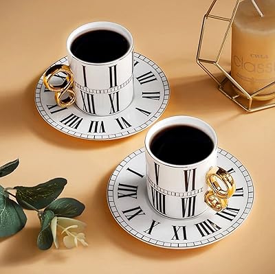Ensemble de 6 tasses à café turques et soucoupes avec motif d'horloge à