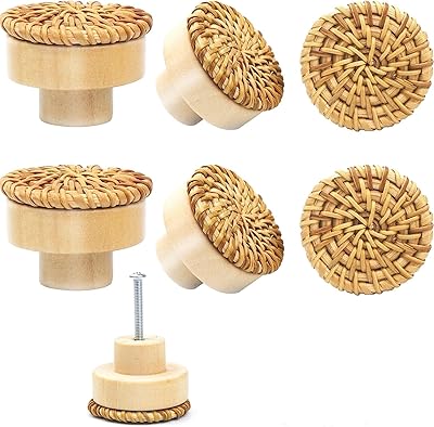 Sawanork lot de 6 boutons de tiroir de garde-robe en rotin boho bois