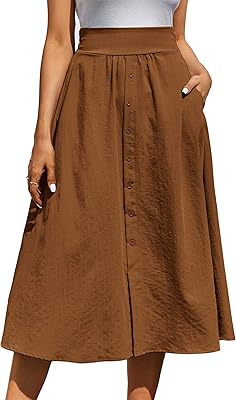 Jupe mi-longue taille haute pour femme, jupe plissée trapèze élastique vintage à boutons