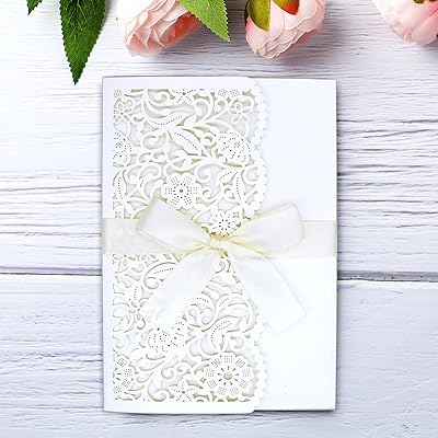 20 cartes d'invitation découpées au laser avec rubans, motif floral pour fête