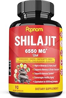 Capsules d'extrait de shilajit équivalentes à 6550 mg, ashwagandha, ginseng, palmier nain, maca