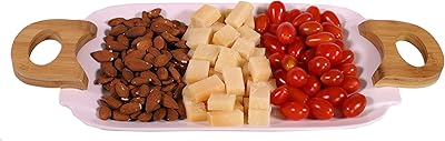 Grand plateau de service de luxe en porcelaine ketchies avec poignées en bois