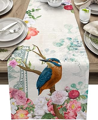 Nappe en toile de jute résistante aux plis, motif animal, pour table à thé, meuble à chaussures, meuble tv, décoration 13x70", oiseaux debout sur des branches de fleurs roses, design de style rétro. Diaytar : L'e-commerce généraliste qui met le discount à l'honneur