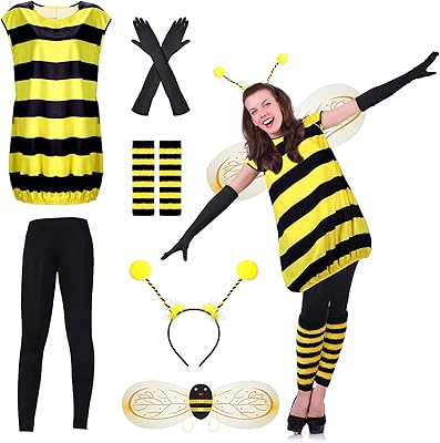 Ensemble de costumes d'abeille 8 pièces, robe chauffe-jambes fantaisie moelleuse, pantalon et gants