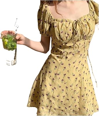 Robes yanggo, robe jaune à imprimé floral en coton mini short s runway
