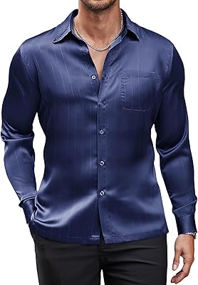 Chemise formelle de luxe en satin pour hommes, manches longues, boutonnée sur le devant,