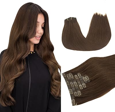 Extensions de cheveux humains à clips, brun chocolat 14 pouces 7 pièces 100g