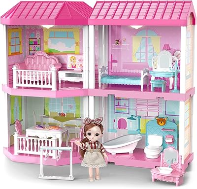 Maison de poupée vitto à 2 étages, maison de poupée pour filles, maison colorée rose avec 1 poupée, accessoires de meubles, maison de jeu pour tout-petits et filles, 4 pièces, rose. Diaytar : Votre source de bonnes affaires en ligne