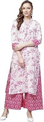 Peignoir kurta en coton imprimé blanc et rose avec palazzo pour femme, blanc