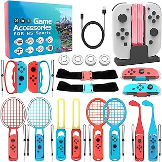 Kit d'accessoires de sport nintendo switch 20 en 1, kit de sport somatosensoriel pour jeux de sport nintendo switch avec poignées de clôture, raquettes de tennis, sangles de sport et station de chargement. L'univers du discount accessible 24/7 sur Diaytar Sénégal
